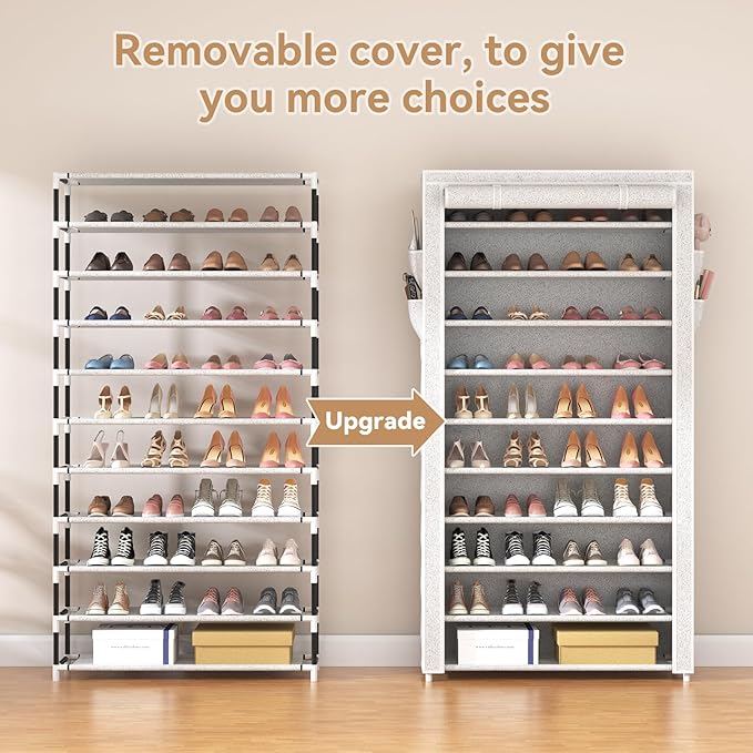 ROJASOP 10 Tier Shoe Rack with Covers Large Capacity Stackable Tall Shoe Shelf Storage for 50-55 Pairs Shoe and Boot, Sturdy 