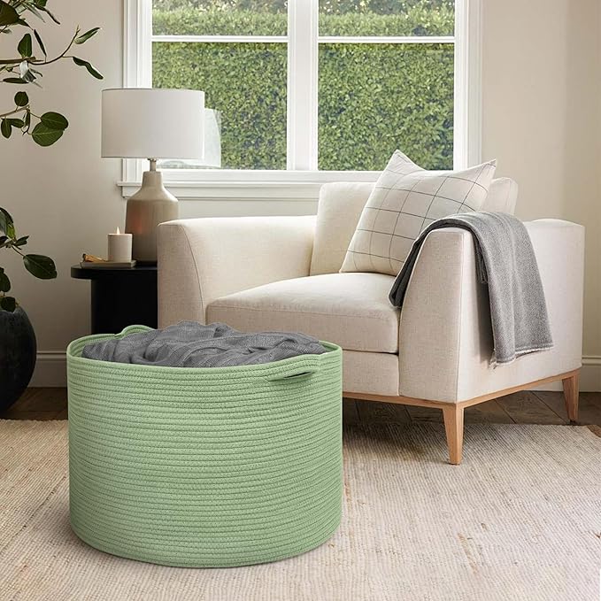 MEGASKET 115L Oversized Green Basket, 23.6"x15.7" Woven Cotton Rope Bin for Blankets, Nursery Wicker Laundry Hamper, Kids Toy