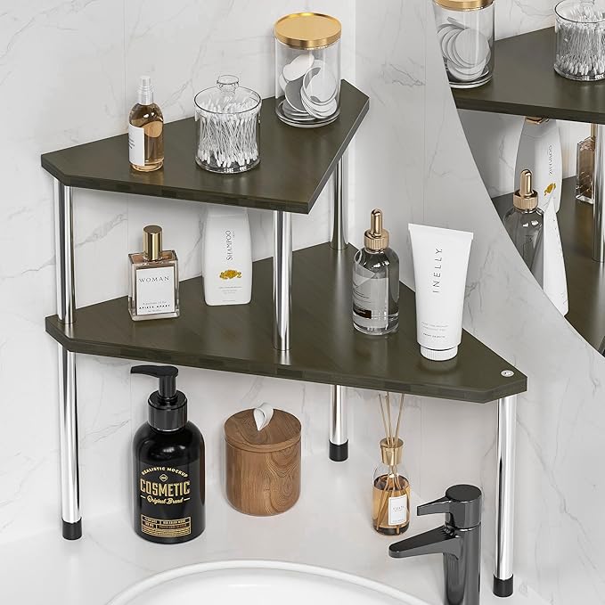 Weenson Bathroom Counter Organizer Corner Shelf - 2 Tier Bathroom Organization Bamboo Bathroom Sink Shelf Kitchen Countertop 
