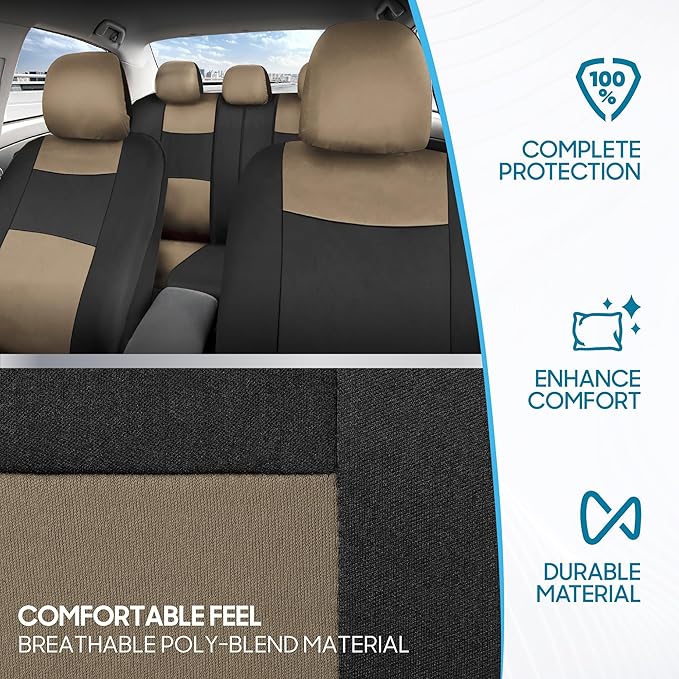 BDK PolyPro Seat Covers Full Set in Beige on Black – Front and Rear Split Bench Seat Covers for Cars, Easy to Install , Car A