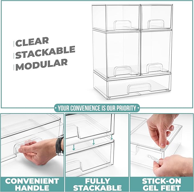 Sorbus Acrylic Storage Containers - 5 Pack, Stackable Storage Bins Set for Bathroom Organization - Clear Acrylic Drawer Organ
