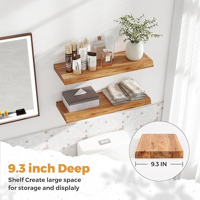 RICHFOCUS Live Edge Elm Floating Shelves - 24" W x 9.3" D Rustic Solid Wood Wall Shelves with Invisible Bracket, Wall-Mounted