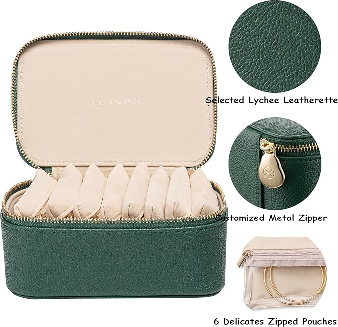 VLANDO Travel Jewelry Box Organizer – Portable PU Leather Jewelry Case with 6/8/12 Zippered Pouches, Compact Storage for Earr
