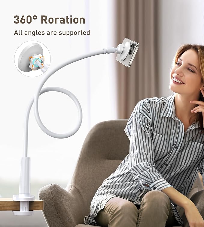 Magnetic Gooseneck Phone Holder Mount for iPhone 17/16/15/14/13/12 - Magnetic Stand Tabletop Clamp 360°Rotation Adjustable for Office/Home Compatible with iPhone 17 16 15 14 13 12 Mini Plus Pro Max