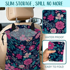 Car Trash Bag Watercolor Floral and Green Leaves Leak-Proof Car Garbage Bag with Drawstring Foldable Canvas Trash Bin with Adjustable Buckle for Car Accessories