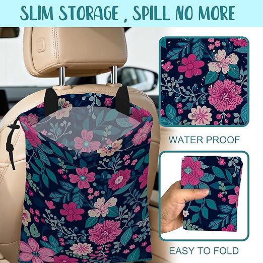 Car Trash Bag Watercolor Floral and Green Leaves Leak-Proof Car Garbage Bag with Drawstring Foldable Canvas Trash Bin with Adjustable Buckle for Car Accessories