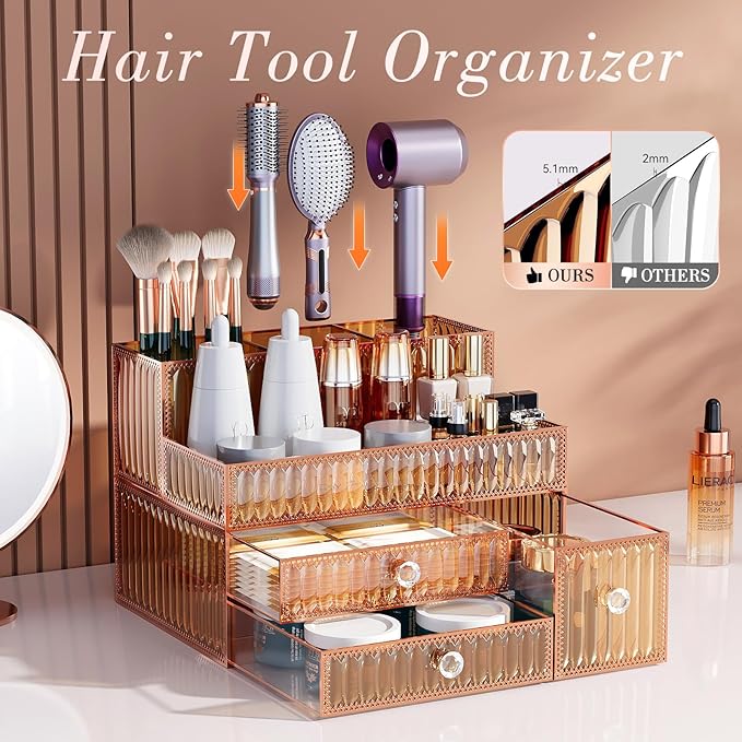 Makeup Organizer Golden- Tempered Glass Vanity Organizer for Cosmetics, Skincare, Hair Tools, Brushes, Perfume - Multipurpose