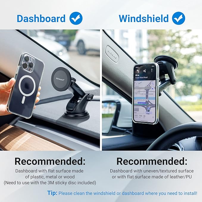 PROfezzion Suction Cup & Vent Clip Combo Magnetic Phone Holder Compatible with MagSafe on Car Dash, Windshield or Vent for iPhone 17 16 15 14 13 Pro Max, Mag-Safe Case & All Phones [Telescopic Arm]