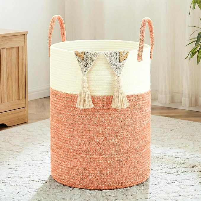 Laundry Basket,Woven Cotton Rope Laundry Hamper,100L for Decor Storage of Dirty Clothes,Toys and Blankets in Bathroom,Baby Ro