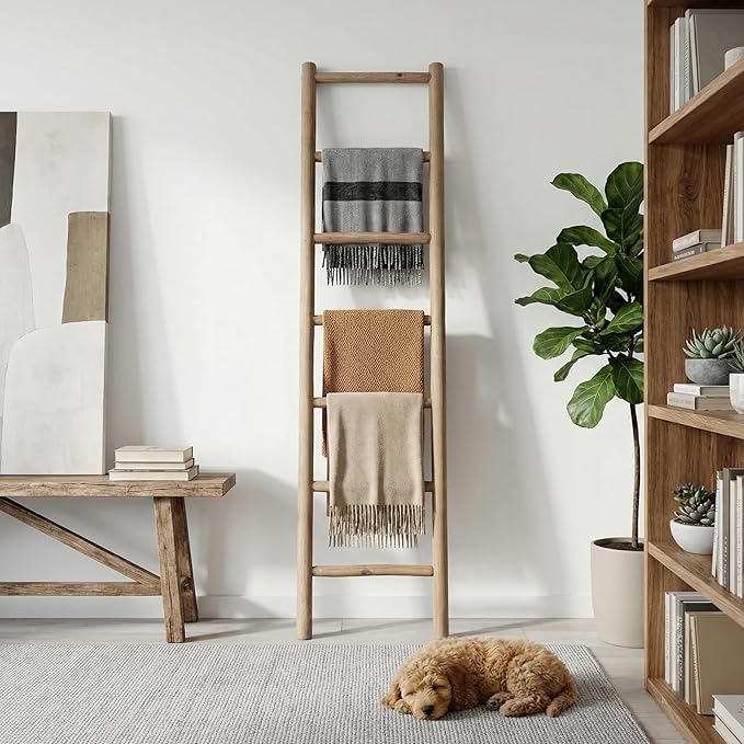 Wooden Blanket Ladder - 76in Natural Wood Color- Leaning Wall Decor for Bedroom, Bathroom, Living Room - Rustic Quilt Holder 