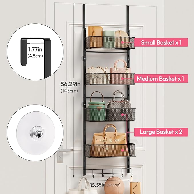 SWTYMIKI Over The Door Purse Organizer - Wall Mounted Purse Rack with 4 Adjustable Metal Basket and 6 Hooks, Hanging Bag Rack