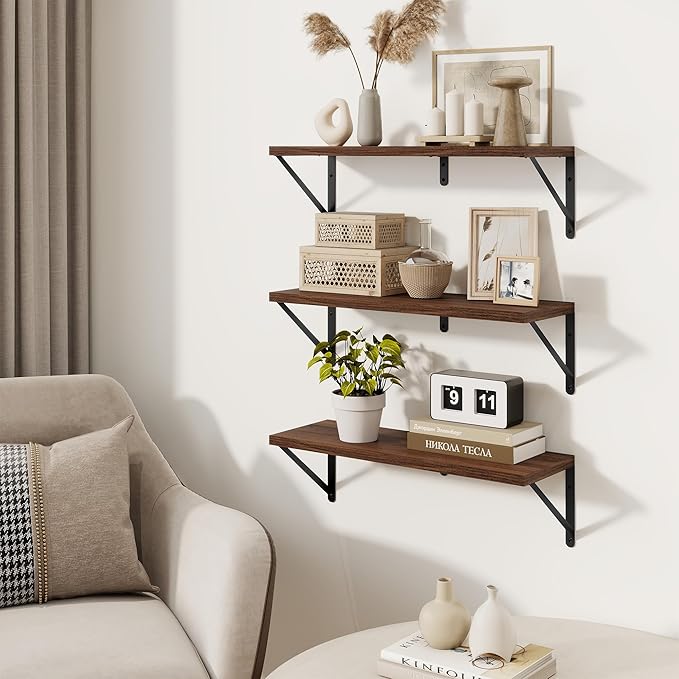 Shelves for Wall, Floating Bookshelves with Brackets, 24 inch Floating Shelves Set of 3, Wall Shelf for Kitchen, Bathroom, Be