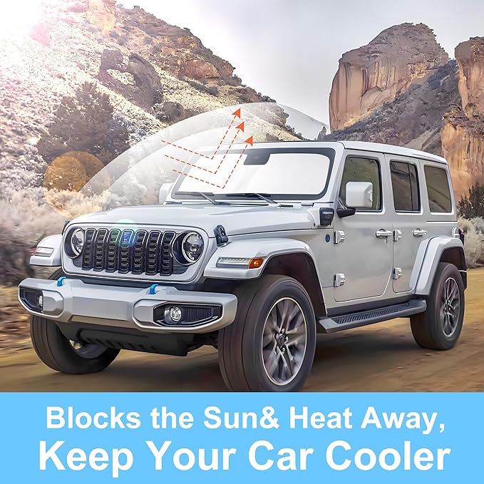 Front Windshield Sun Shade Foldable Front Window Sun Shade Windshield Shade Fit for 2018-2026 Jeep Wrangler JL & 2/4 Door 4XE & 2020-2026 Jeep Gladiator JT Block UV Rays
