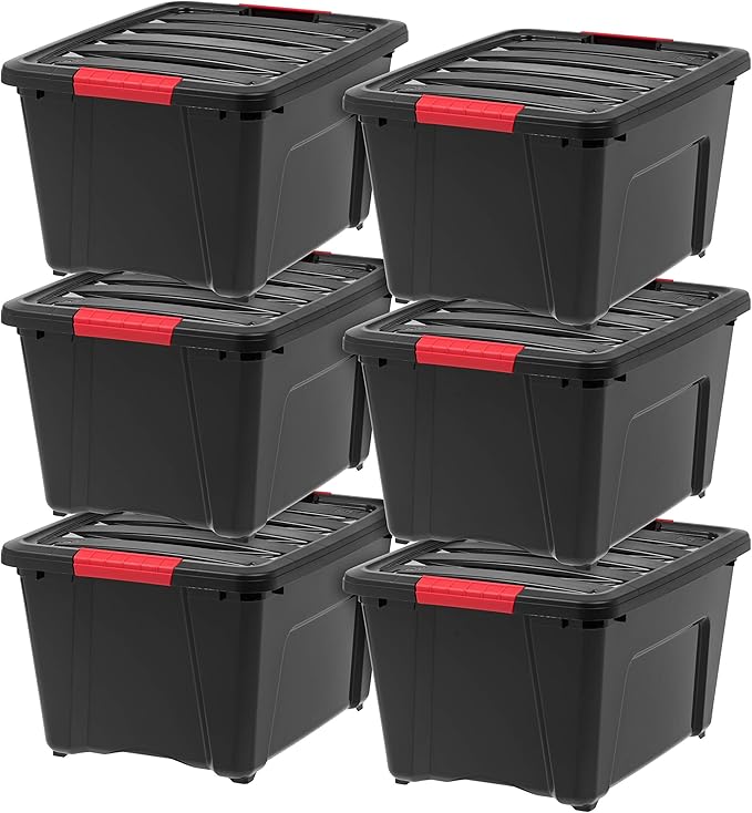 IRIS USA 32 Qt Stackable Plastic Storage Bins with Lids, 6 Pack - BPA-Free, Made in USA - Garage Organizing Solution, Latches