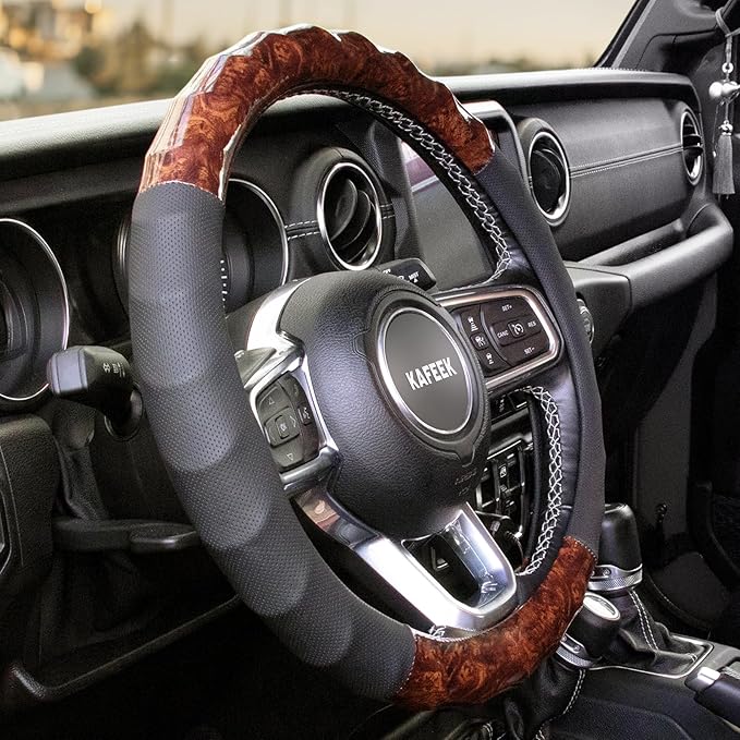 KAFEEK Wood Grain Steering Wheel Cover, Universal 15 Inch, Car Steering Wheel Protector Men Women, Comfort Finger Grips, Brea