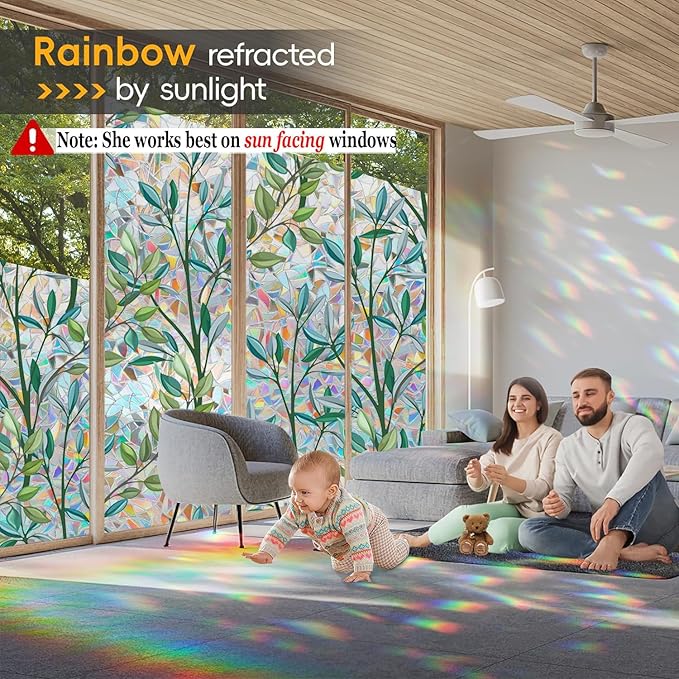 Rainbow Privacy Film with Cutting Line, 3D Decals Stained Glass Window Clings, Static Cling Window Sticker, Suncatcher - 35.4" x 157.4"