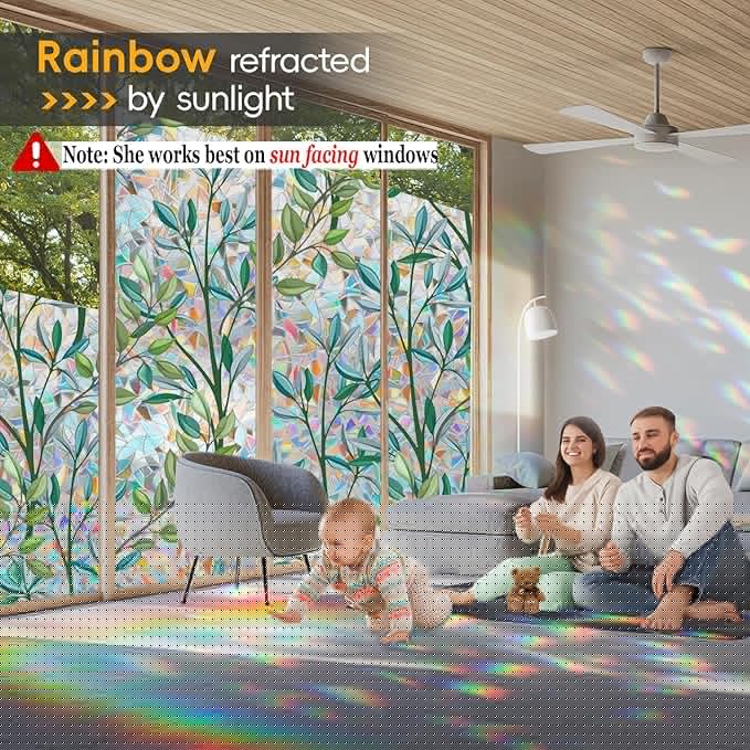 Rainbow Window Privacy Film with Reference Cutting Line, 3D Decals Stained Glass Window Clings, Static Cling Window Sticker, Suncatcher Window Cover, 23.6" x 157.4"