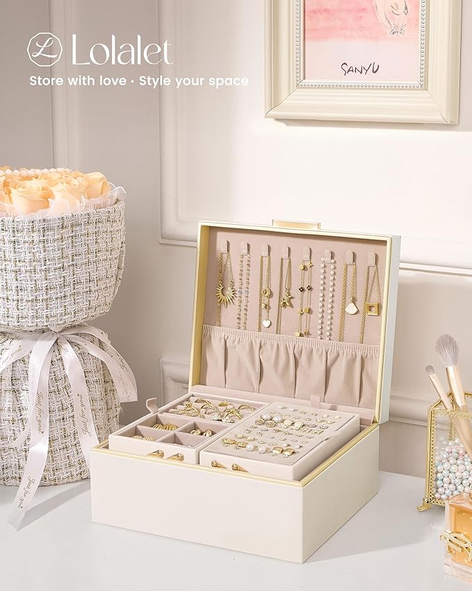 Lolalet Jewelry Box Organizer for Women Girls, 2 Layer Jewelry Organizers and Storage for Necklace Earrings Rings Bracelets, 