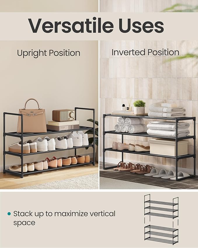 SONGMICS Shoe Rack, 3-Tier Shoe Organizer, Metal Storage Shelf, Upright or Upside Down, for 16-20 Pairs, Stackable, for Entry
