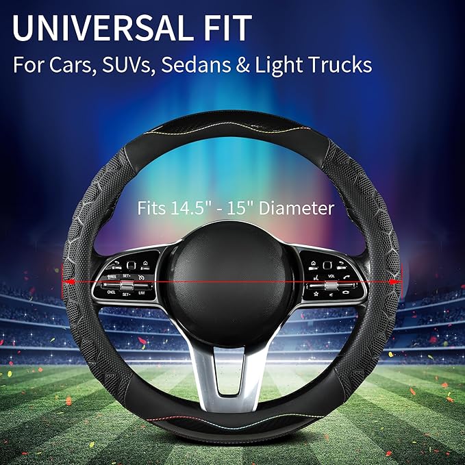 PU Leather Steering Wheel Cover 14.5-15 Inch, Carbon Fiber Style Grip, Non-Slip & Breathable, Universal for Sedan SUV Truck V