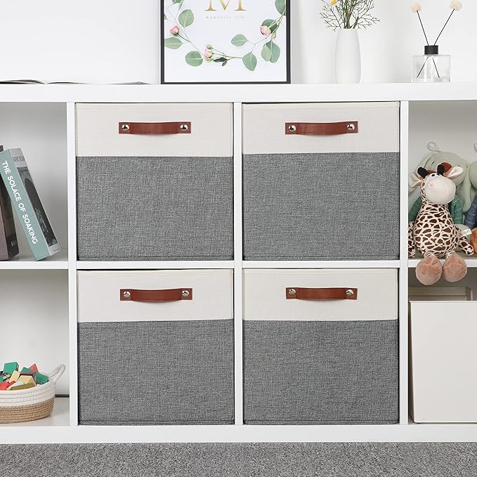 Temary 13x13 Storage Cubes 4 Pack Fabric Cube Storage Bins Large Storage Baskets with Leather Handles, Decorative Storage Box