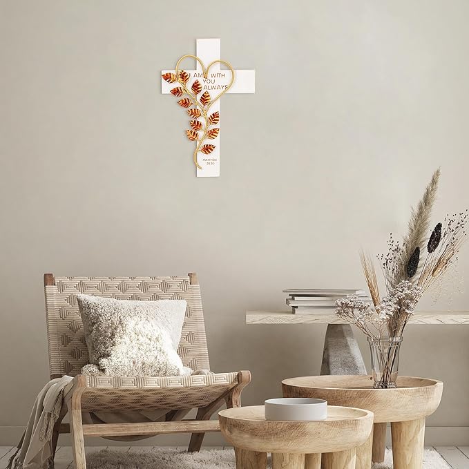 Wooden Wall Cross with Iron Heart Leaf Decorated with Hook and Base Hanging Wall Or Table Cross with Matthew 28:20 For Church