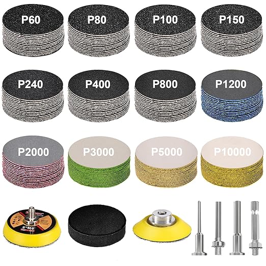 187 Pieces 2 Inch Sanding Disc, GOH DODD Wet Dry Sandpaper with Interface Pad and Backer Plate 1/4" Shank, 60-10000 Grits Gri