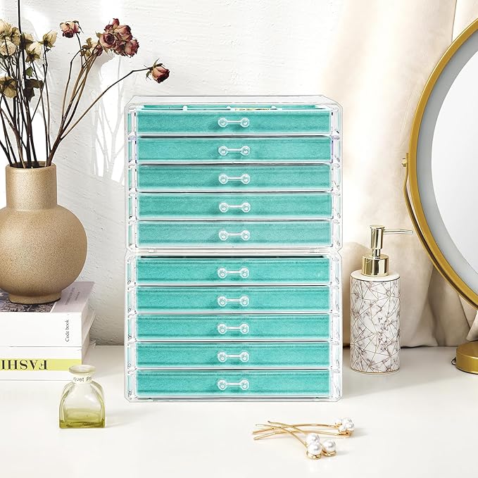 ProCase Earring Holder Organizer Jewelry Box with 10 Drawers, Acrylic Clear Earring Case with Adjustable Velvet Trays for Wom