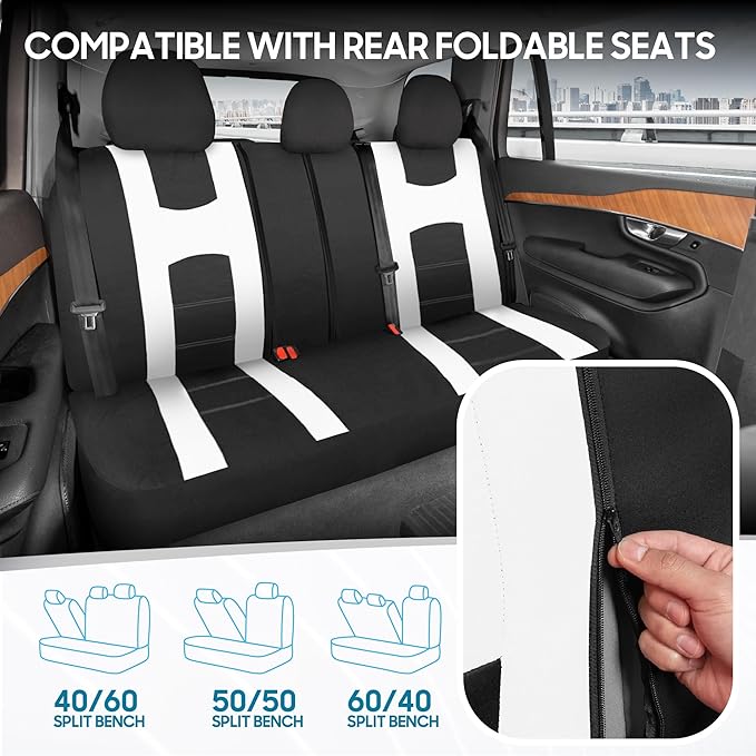 carXS Seat Covers for Cars Full Set, Black & White Car Seat Covers with Matching Rear Bench Cover, Universal Fit for Most Aut