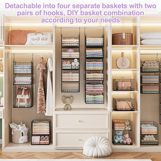 6 Tier Hanging Closet Organizers and Storage Stackable Hanging Closet Shelves with 4 Hooks 2 Adjustable Dividers, Wire Storag