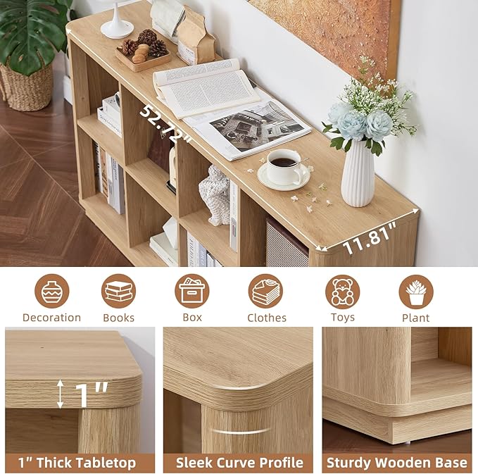 Joaxswe 8 Cube Storage Book Shelf, 52" Long Horizontal Bookshelf with Curved Edge, Floor Standing Wooden Cubby Bookcase with 