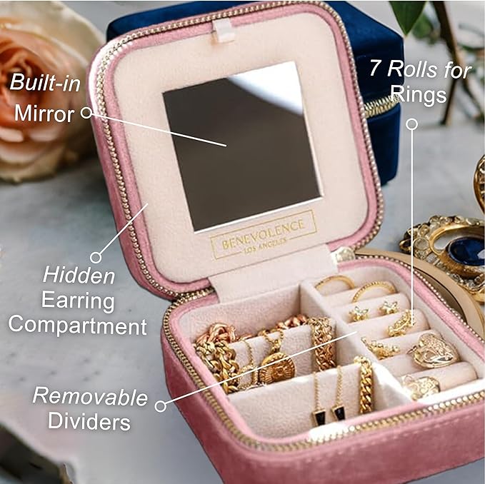 Benevolence LA Plush Velvet Jewelry Box | Travel Jewelry Case Organizer with Mirror | Featured in Oprah's Favorite Things | B