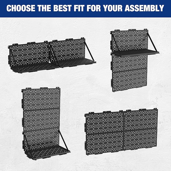 WORKPRO 16”x 16” Metal Peg Board, Foldable Black Pegboard for Wall Organization, Steel Panel with Round Holes & Vertical Slot