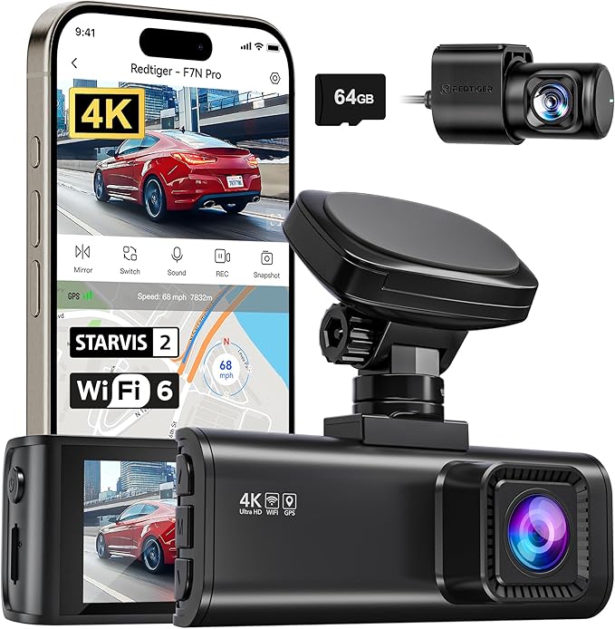 REDTIGER 4K Dash Cam Front and Rear, STARVIS 2 Sensor, 64GB Card Included, 4K/2.5K+1080P Dual Dash Camera for Cars Built-in W