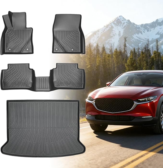 Floor Mats for Mazda CX30 2020 2021 2022 2023 2024 2025 2026, ONLY for AWD, TPE CX30 Floor Mats 1st & 2nd Row & Cargo Liner, Waterproof Summer Winter Non-Slip Floor Liners Car Accessories