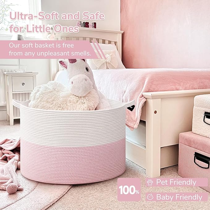 INDRESSME 115L Extra Large Pink Laundry Basket for Nursery Stuffed Animal Storage, Blanket Rope Baby Baskets Kids Toy Organiz
