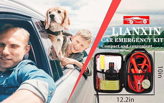 Car Roadside Emergency Kit, with Jumper Cables Automotive Kit,Car Safety Roadside Assistance Kit Headlamp,Tow Straps,Screwdri