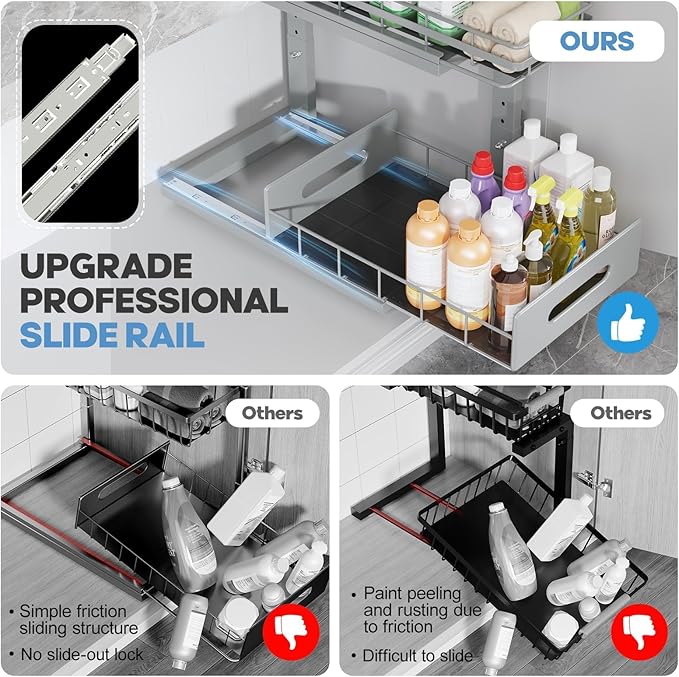 Under Sink Organizer Upgrade To Professional Rails,2-Tier Dual Pull Out Cabinet Storage,Height Adjustable Slide Out Drawers F