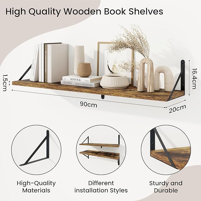 Floating Shelves, Wall Book Shelf with Brackets, 36 inch Wall Shelves Set of 3, Particle Board Wooden Shelf for Kitchen, Bath