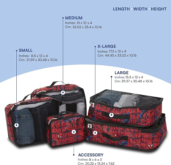 Marvel Spiderman 5-Piece Packing Cube Set - Spiderman, Ironman, Captain America - 5 Piece Packing Cubes Compression Travel Es