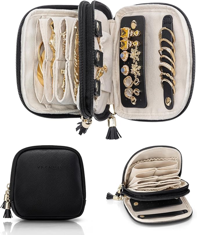 VLANDO Travel Jewelry Case,2-Layer Jewelry Organizer for Travel,Mothers Day Mom Gifts,Multi-Compartment Jewelry Storage for R