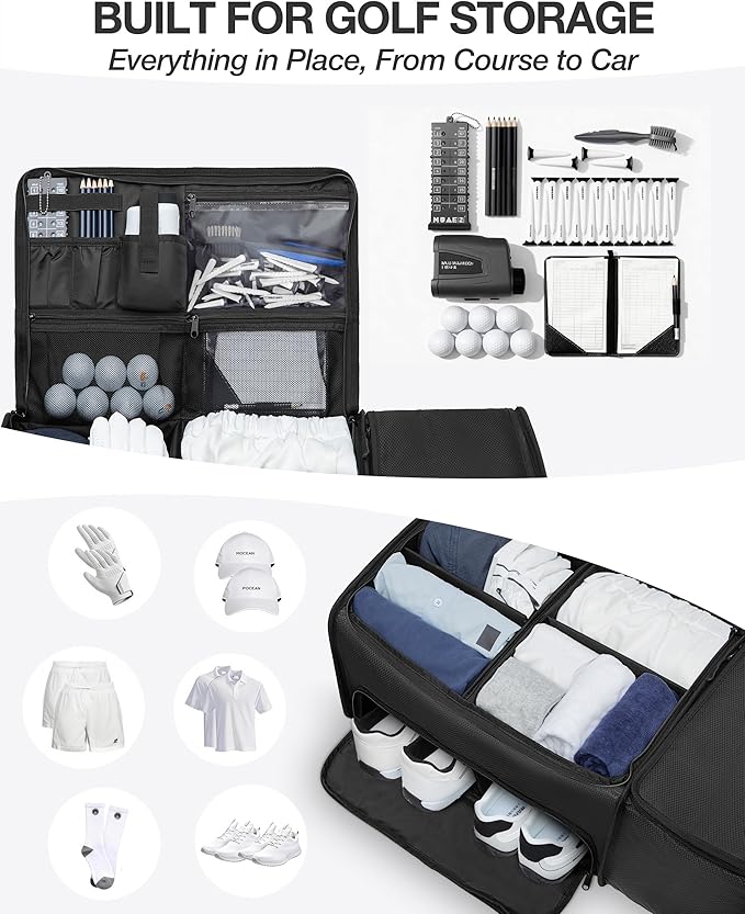 Golf Trunk Organizer with Built-in Hard Frame & Insulated Cooler Compartment, Ventilated Shoe Storage for 2 Pairs(Up to Mens U