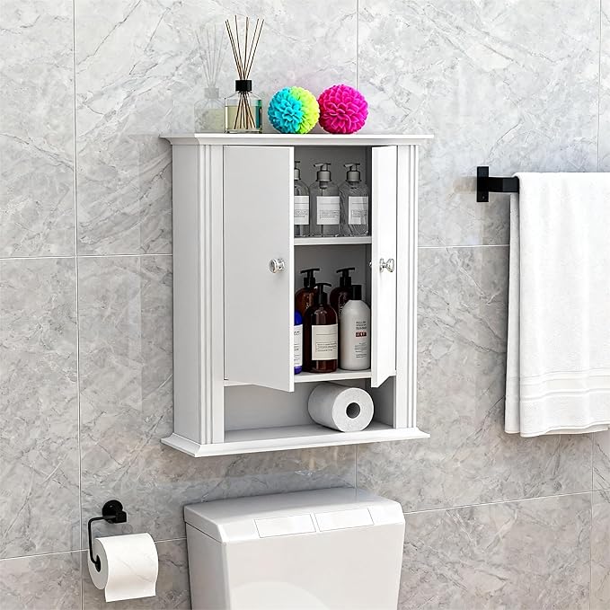 White Bathroom Wall Cabinet, Over the Toilet Storage Cabinet, Bathroom Cabinet Wall Mount, 2 Doors & Hooks, Medicine Cabinet 