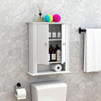White Bathroom Wall Cabinet, Over the Toilet Storage Cabinet, Bathroom Cabinet Wall Mount, 2 Doors & Hooks, Medicine Cabinet 