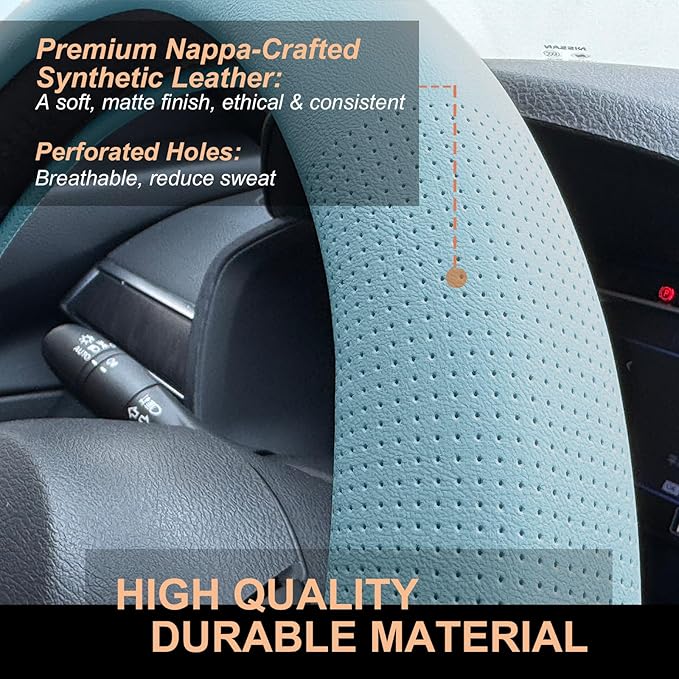 PINCTROT D Shaped Nappa Leather Steering Wheel Cover, Slim Fit No Bulk Design, One Piece Leather with Breathable Perforation,