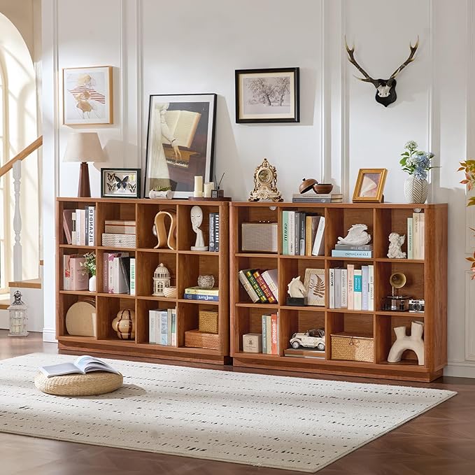 Joaxswe 12 Cube Storage Organizer, 41" Wide Large Bookshelf with Curved Edge, Wood Floor Standing 3-Tier Cubby Bookcase w/Bas