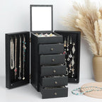 Meangood Jewelry Box Wood for Women, 6-Layer Large Organizer Box with Mirror & 5 Drawers for Rings, Earrings, Necklaces, Vint