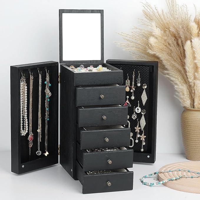 Meangood Jewelry Box Wood for Women, 6-Layer Large Organizer Box with Mirror & 5 Drawers for Rings, Earrings, Necklaces, Vint