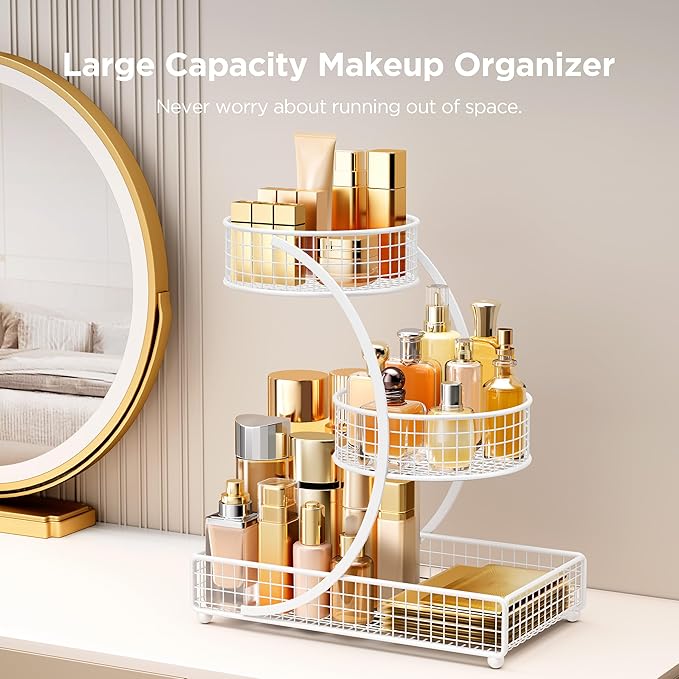 HBlife Makeup Organizer for Vanity, 3 Tier Metal Bathroom Countertop Organizers Skin Care Storage, Bathroom Counter Shelf Ski