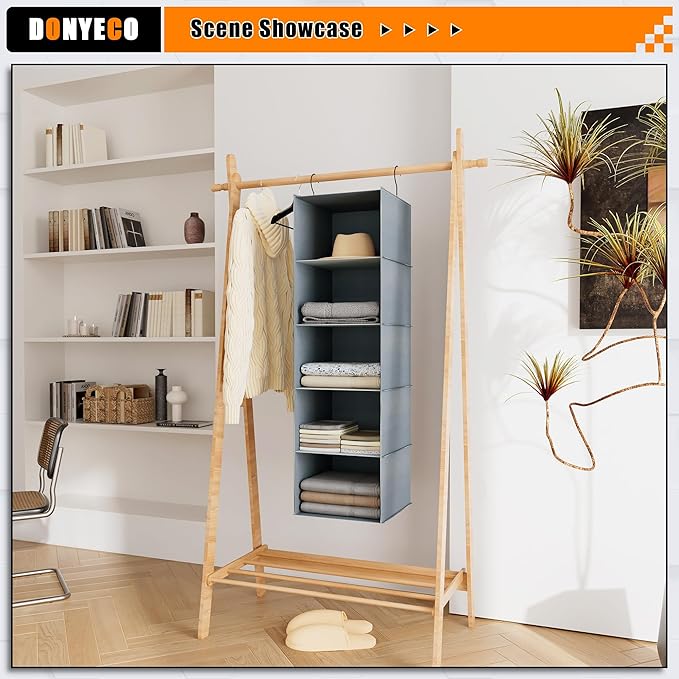 Hanging Closet Organizer 5-Shelf, Easy Mount Foldable Wardrobe Storage Shelves, Clothes Handbag Shoes Accessories, Washable O